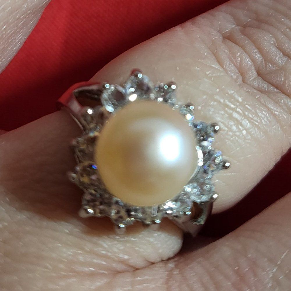 Freshwater Pearl and Simulated Diamond Ring